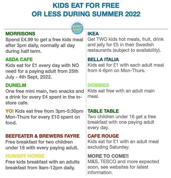 Kids eat free or for less during the summer holidays